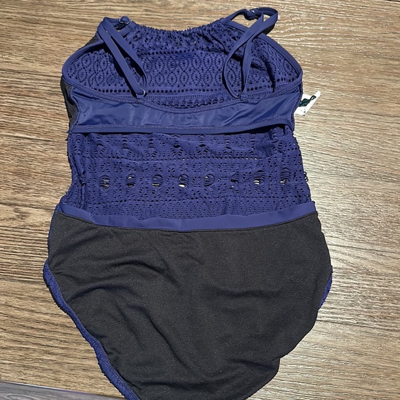 Crochet High Neck One-Piece Swimsuit- Navy Blue - Picture 7 of 7